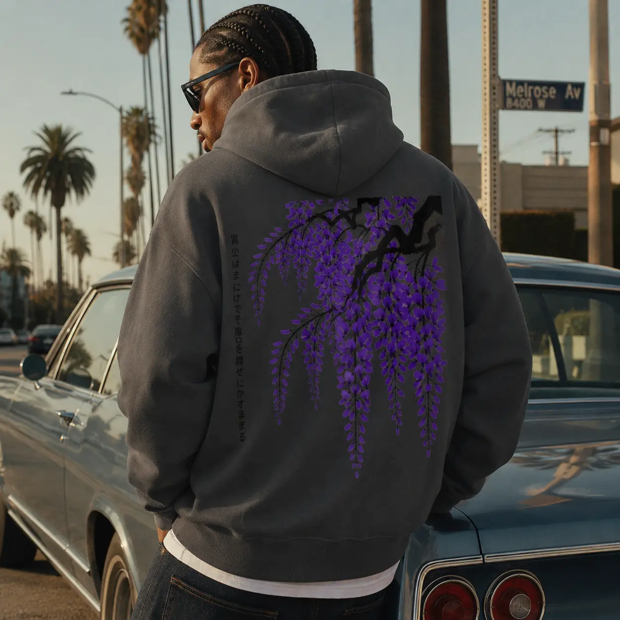Men’s Purple Wisteria Graphic Hoodie |   Vintage Japanese Art Oversized Fleece Pullover