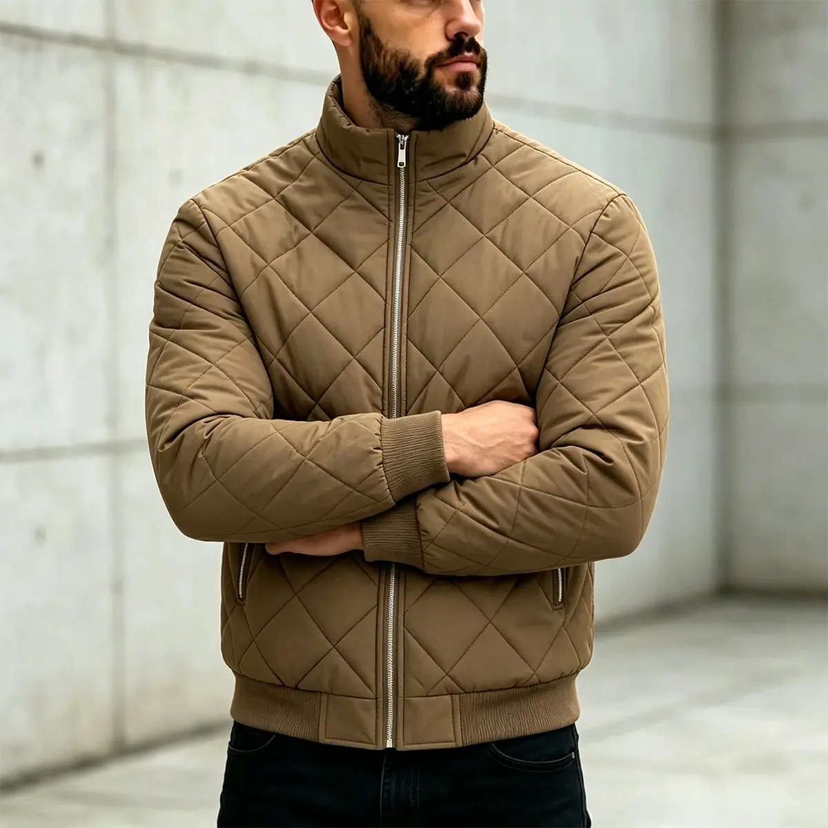 Men's Minimalist Menswear Padded Jacket - Plain, Long Sleeve Tops, Stand Collar, Zip Front, Thick Warm, Windproof Quilted, Ribbed Hem & Cuff Office Wear Outerwear for Cold Season, Daily Outings