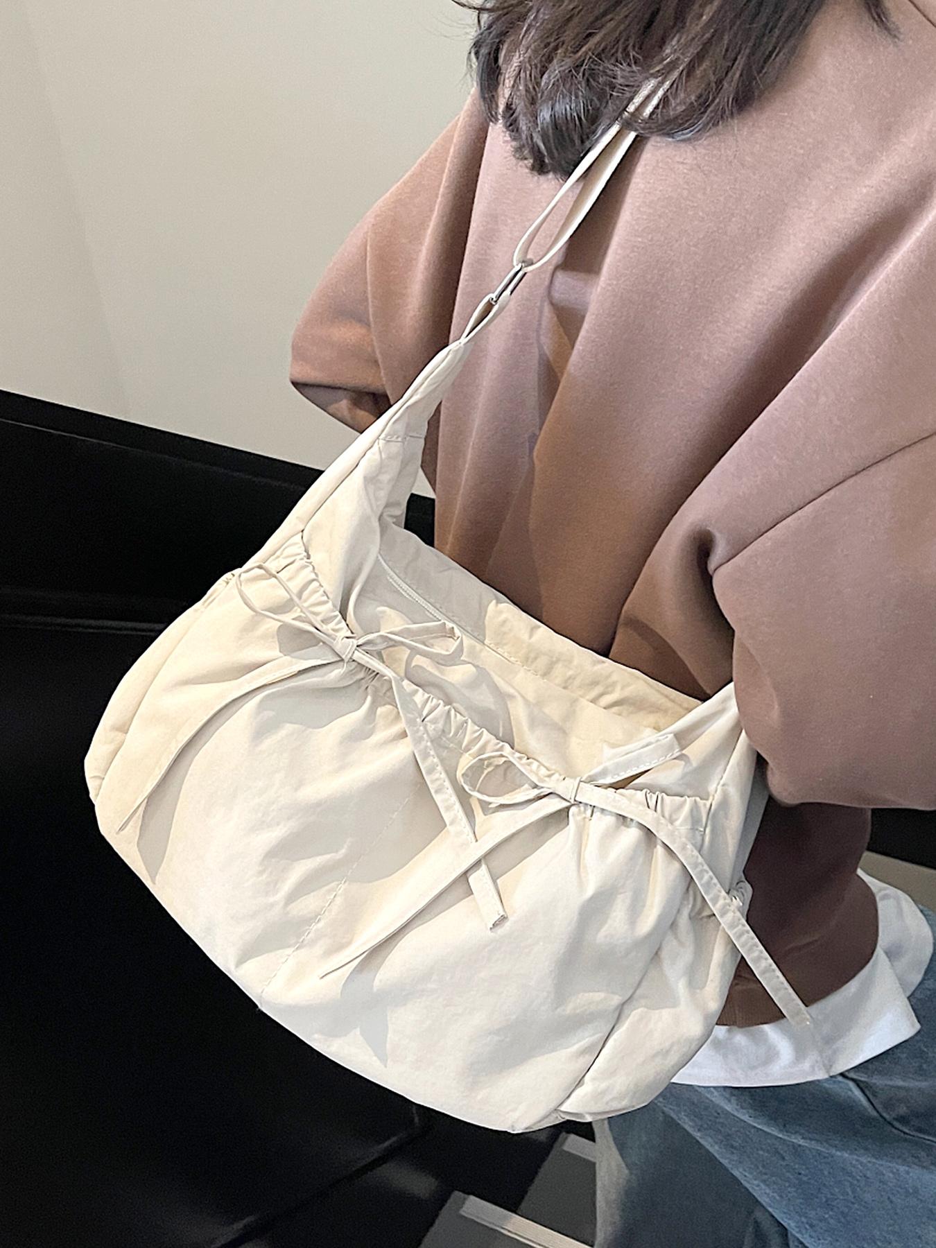 Simple and fashionable multi-color drawstring pleated bag, casual one-shoulder underarm bag, versatile exquisite bow design, niche personality messenger bag, suitable for students, office workers daily commuting, etc., Crossbody Tote Bag