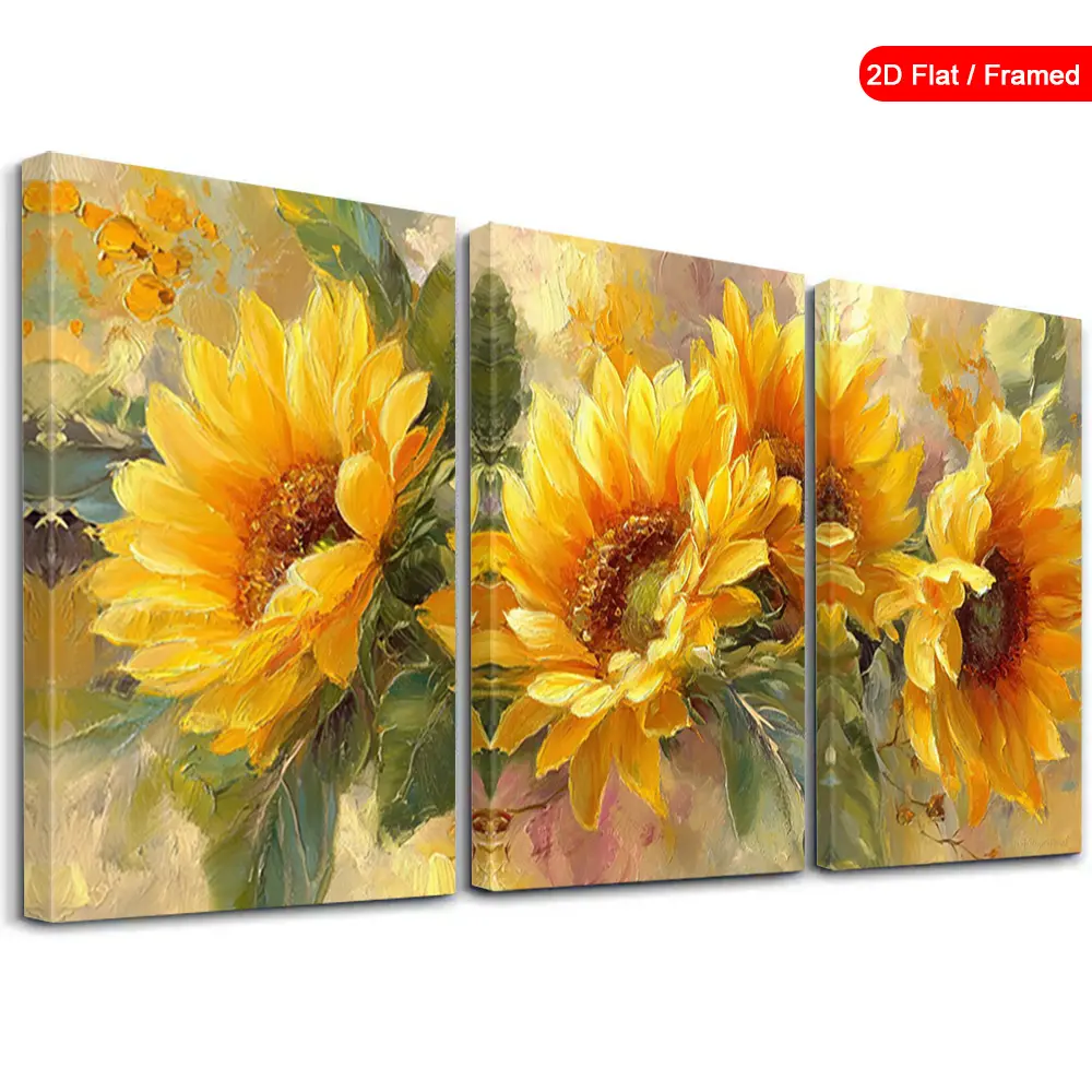 2D Flat, 3pcs Framed Sunflowers Art Wall Decor Poster, Oil Painting Style Wall Art, Bright Yellow Floral Canvas Paintings Decorations, Whimsical Decor Wall arts, Modern Posters, Vintage Art Prints, Home Decor, for Living Room, Bedroom, with Frame[2D