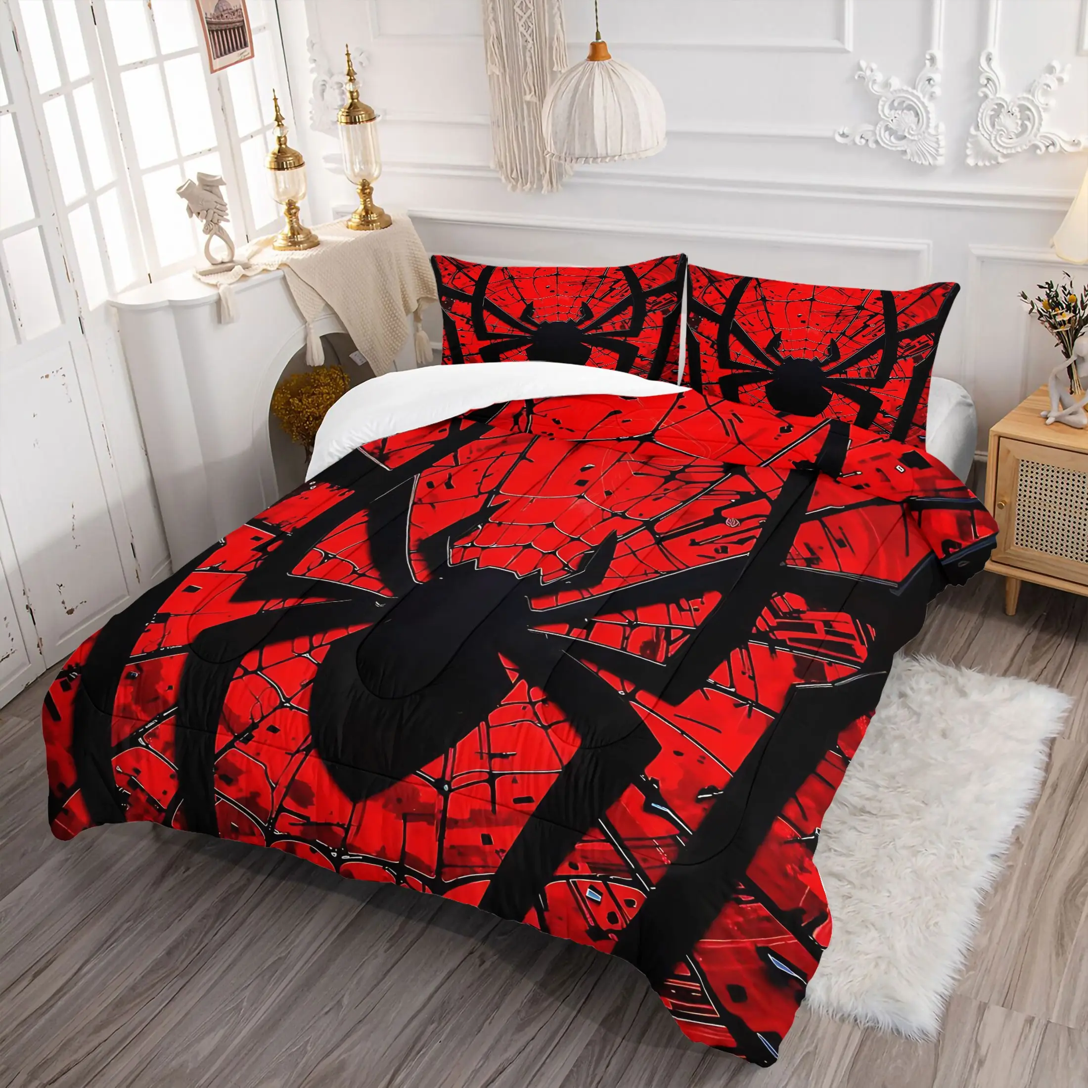 Red Black Spider Web Comforter Set, Cool Spider Graphic Print Bedding Set, Includes 1 Quilt & 1-2 Pillowcases, No Pillow Insert, Trendy Gothic Bedroom Decor for Dorm Guest Room & Teen Boys Spaces