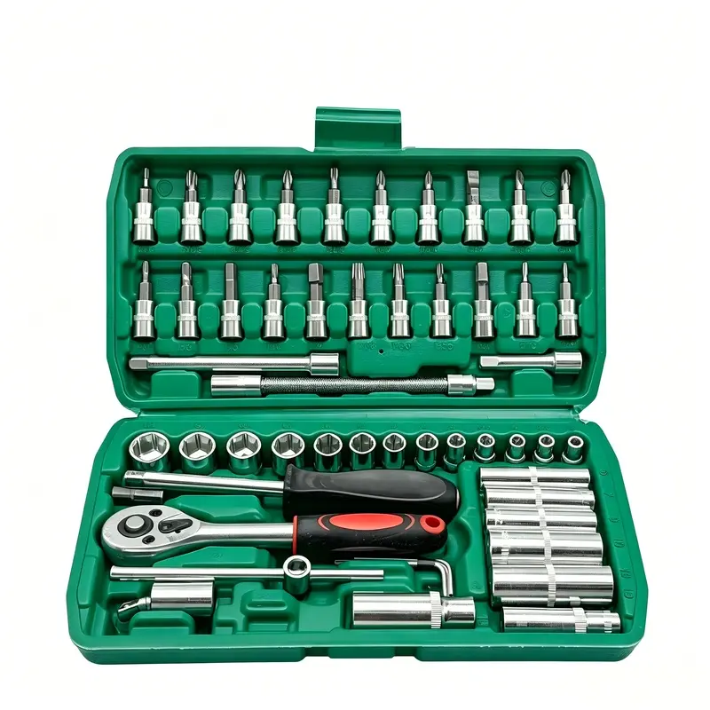 A 53-piece mechanical tool set that includes a handle, extension rod, universal joint, slider, American and metric sockets, and a hex wrench, comes with a plastic tool box (battery not included). Uncharged manual tool set