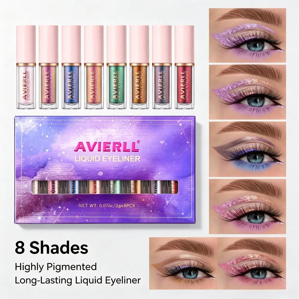 Starry Fine Glitter Liquid Eyeliner 8Pcs Gift Pack, Smooth Flow Thin Brush Tip, Summer Dopamine Color Eye Makeup, Glitter Highlight Liner Kit For Stage COS Party