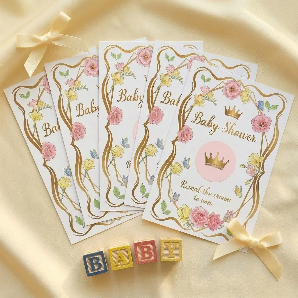 40Pcs Pink Baby Shower Scratch Off Cards – Crown Theme Scratch Cards for Floral Baby Shower, Funny Butterfly Gender Reveal Party Supplies, Floral Birthday Party Group Games