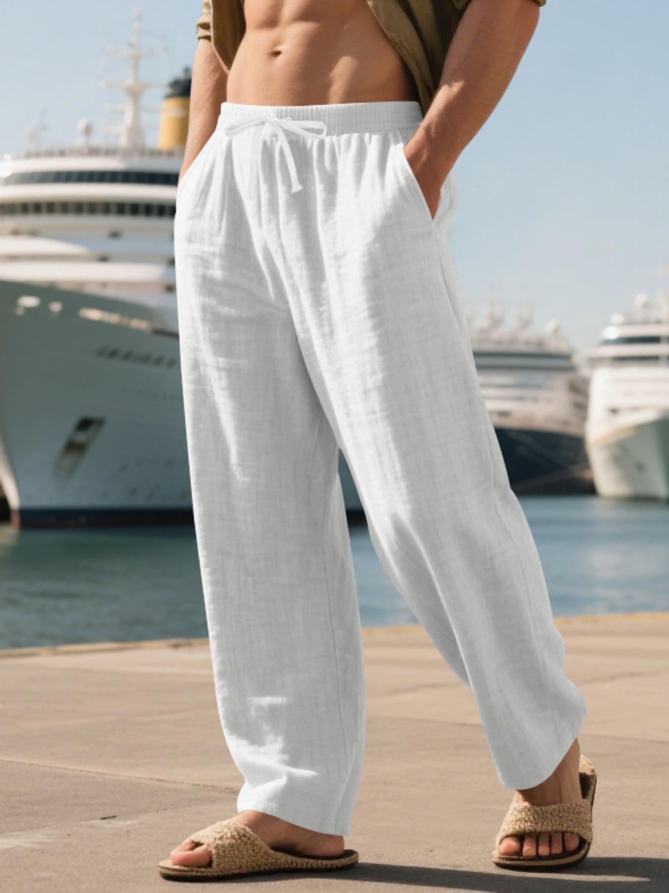 Men's Linen Long Pants, Casual Plain Trousers, Casual Loose Fit with Pockets, Spring & Fall Beach Vacation Lightweight Comfortable Breathable Fabric