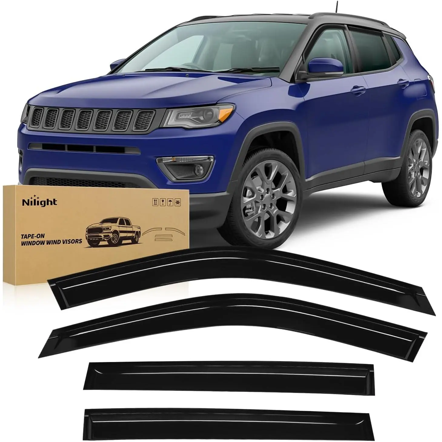 Nilight Side Window Visors for Jeep Compass 2017-2024, 4PCS Automotive Tape-On Acrylic Wind Guards, Multi-Function Sun & Wind Side Window Deflectors & Visors, Car Exterior Accessories, Multi-Function Sun Side Window Deflectors & Visors