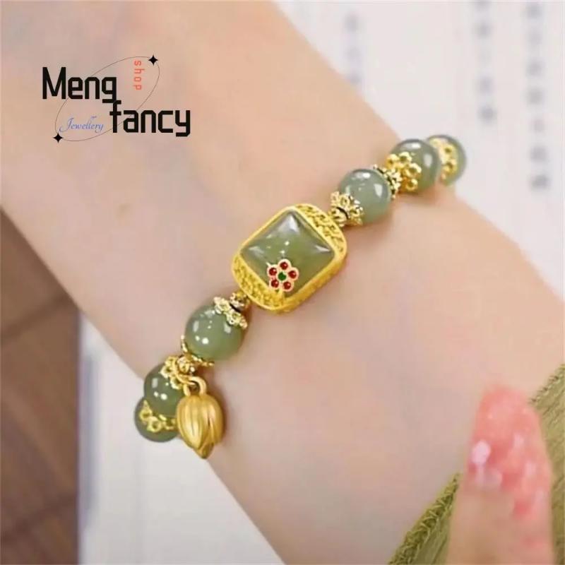 Hetian Jade Natural Sugar Lotus Square Sugar Lotus Bracelet Exquisite Elegant Retro Chinese Style Fashion Jewelry high quality.