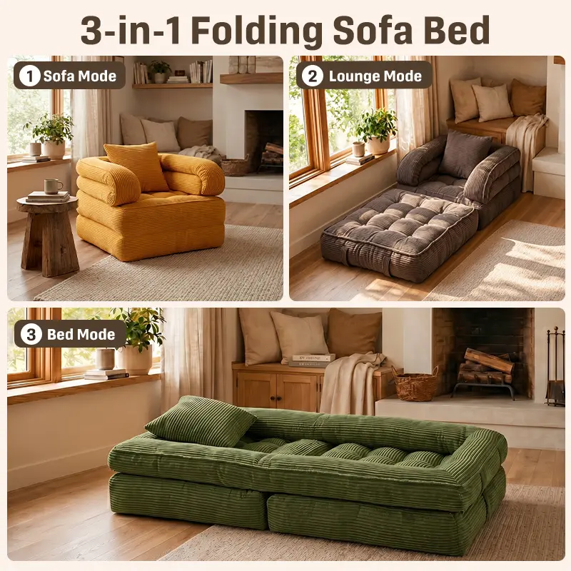 3-in-1 Convertible Folding Sofa Bed, Floor Futon Couch Cloud Shaped Corduroy Upholstered, High-Density Foam Ultra-Soft Comfy Lounge Bean Bag Chair, Versatile Pull-Out Sleeper for Living Room Guest