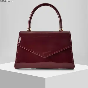 Shiny Patent Shoulder Tote Purse - Luxe Burgundy Black Mini Structured Bag with Gold Accents & Roomy Interior, Soft Lightweight Glam Look Perfect for Business Casual Dinner Vacation & Modern Daily Lifestyle