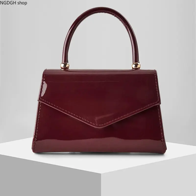 Elegant Shoulder Purse for Women, Solid Burgundy Shiny Patent Mini Structured Bag with Gold Accents, Lightweight for Evening & Business Casual, Solid Plain, Evening Shoulder Bag, Fashion Bag