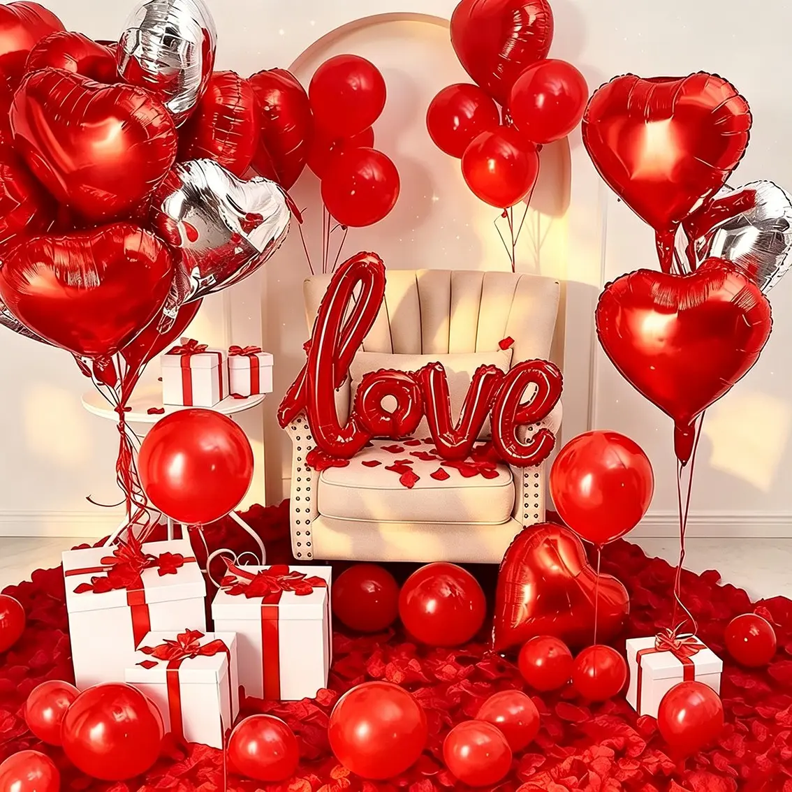 Valentine's Day Proposal Decoration Set, Heart Balloon Decor Kit, Romantic Surprise Props, Spiral Petal Balloons, Wedding Room Decor