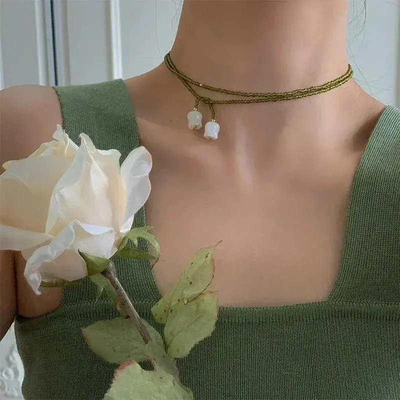 Exquisite Olive Crystal Beads White Lily of The Valley Double Layer Wrapped Necklaces for Women Various Wearing Methods Pendant