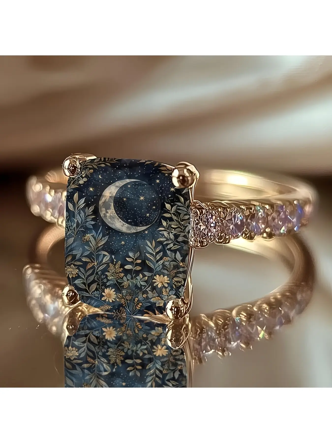 Night Sky Flower Leaf Crescent Moon Printed Square Ring, with a quiet and healing starry sky illustration design, exudes a gentle and charming atmosphere, making it a niche and delicate decorative jewelry for daily outings and gifting