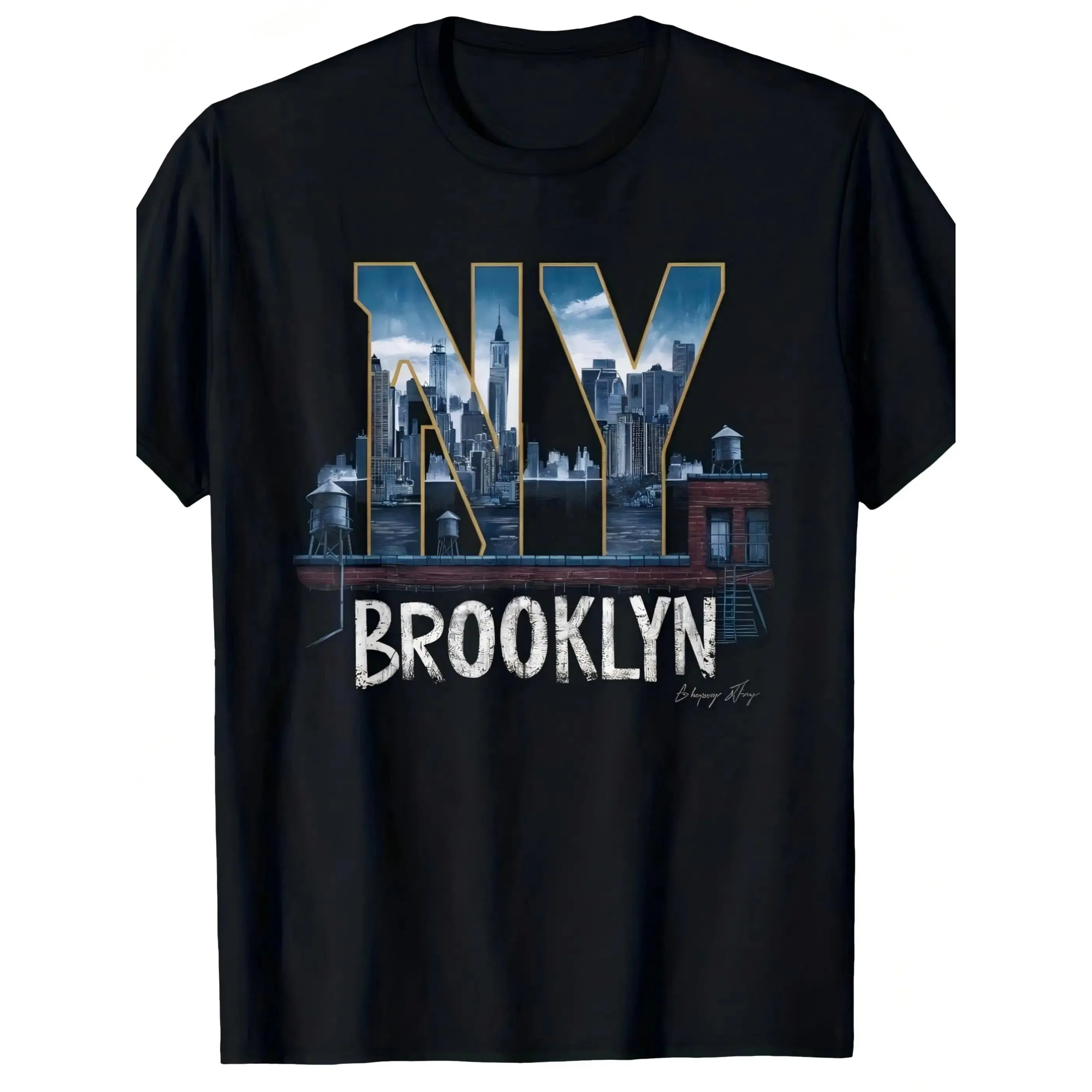 Men's Retro Urban New York Cotton Crew Neck Shortsleeve Tops - Brooklyn Bridge & Skyline Classic Design, Breathable Fabric, All-Season Casual Unisex Tee, Machine Washable, Ideal for Easter, Halloween