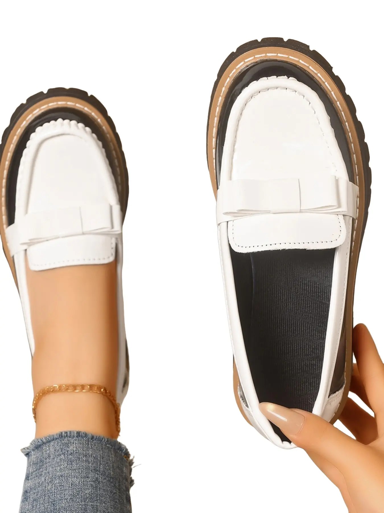 Women's Casual Leather Shoes, Vintage Slip-On Design, Thick Sole Anti-Slip, Chunky Heel, Butterfly Knot Detail, Comfortable Footwear