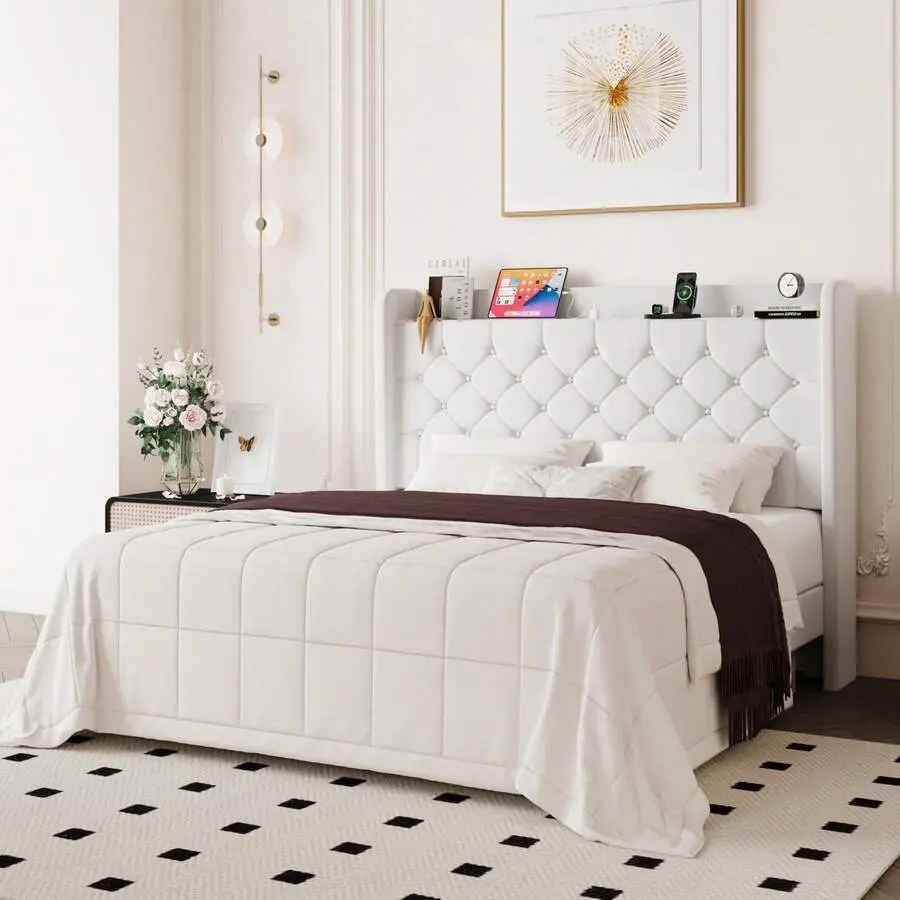 Allewie Velvet Upholstered Winged Bed Frame (Full/Queen/King Size) - Slatted Wooden Support, Storage Headboard with Charging Station, Diamond Stitched Button Tufted, No Box Spring Needed, Easy Assembly, White