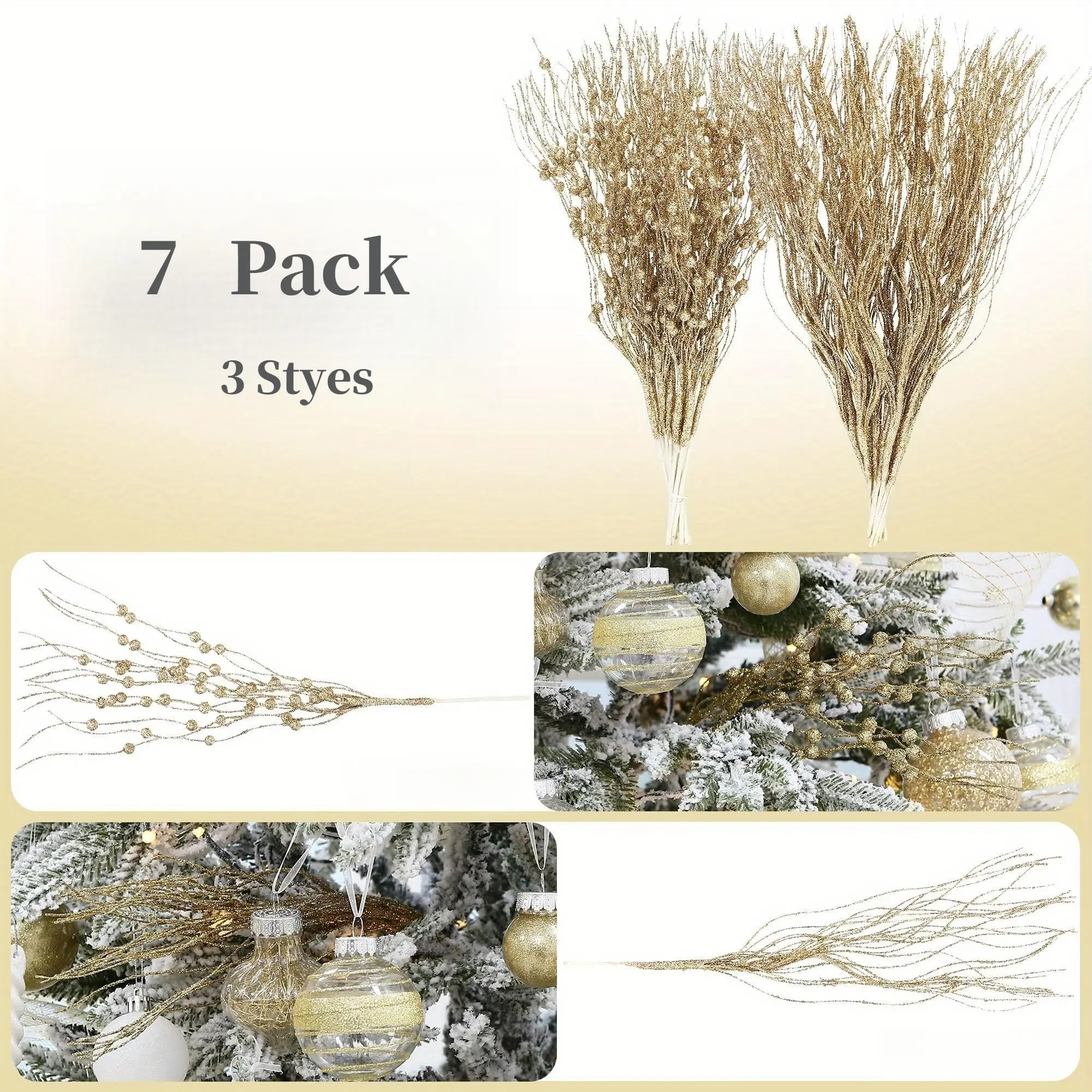 7Pcs Glitter Artificial Christmas Branch Stems 3 Colors Available Plastic Shiny Berry Bead Picks Easy Hang Vase Filler Xmas Tree Wall Door Decor For Holiday Wedding Party Table Centerpiece DIY Craft Home Stylist Family Event Decorators