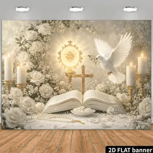 Holy Eucharist & Bible Backdrop, Golden Cross Religious Party Banner, First Communion Wall Decor, Christian Catholic Tapestry