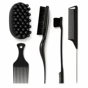 5Pcs Textured Hair Styling Tools Set, Twist Curl Comb Kit with Scalp Massage Brush, Edge Brush, Dual-Ended Edge Brush, Hair Pick Comb & Rat Tail Comb for Curly, Coily, Wavy & Thick Hair, Detangling, Sectioning, Edge Control & Daily Styling