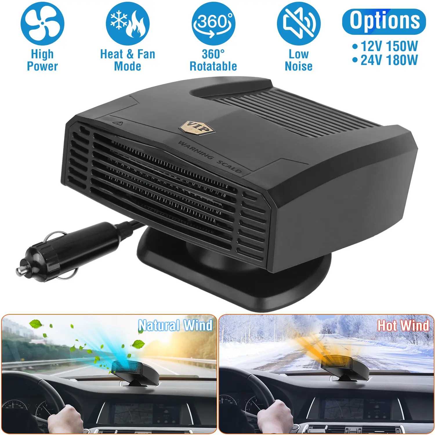 12V 150W Portable Car Heater Heating Fan 2 in 1 Defroster Defogger Demister Windshield Heater Automotive Cooling Fan with 360 °     Rotating Base