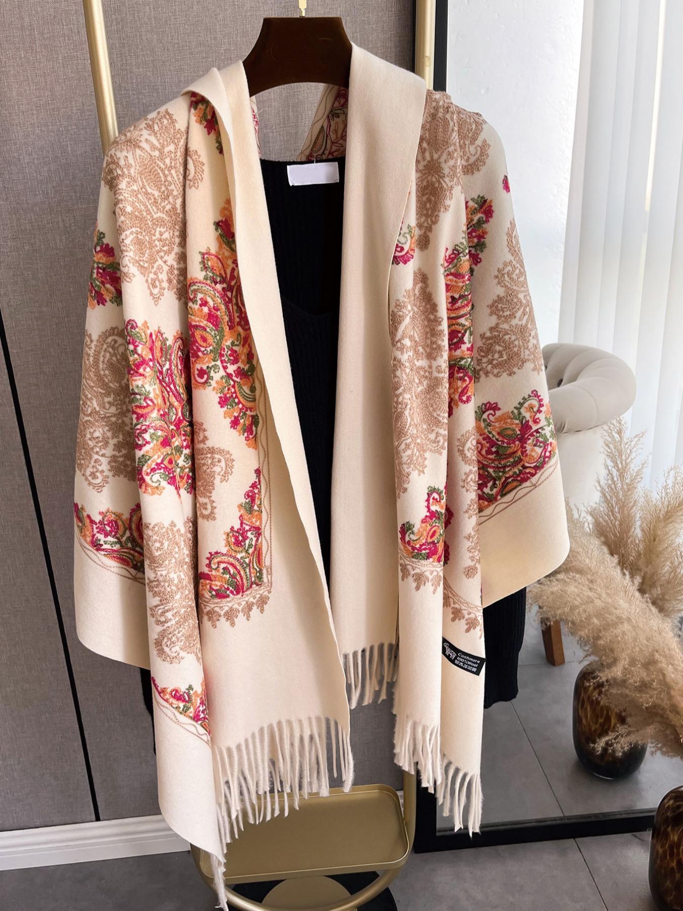 Boho Style Floral & Paisley Embroidery Tassel Decor Shawl, Trendy Casual Soft Warm Double Sided Scarf for Fall & Winter, Fashion Accessories for Women & Men