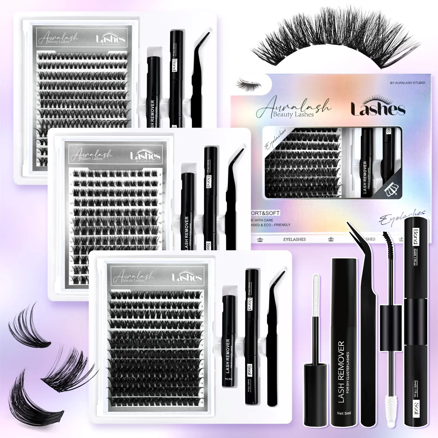 DIY Lash Clusters Kit 3 Styles 40D 100D T50 Individual Eyelash Extensions Set 192/224/240PCS Natural Fluffy Voluminous Wispy Lashes Gift Box with Bond Seal Lash Remover Tweezers Beginner Friendly Travel Size Salon Quality At Home Lash Makeup Kit