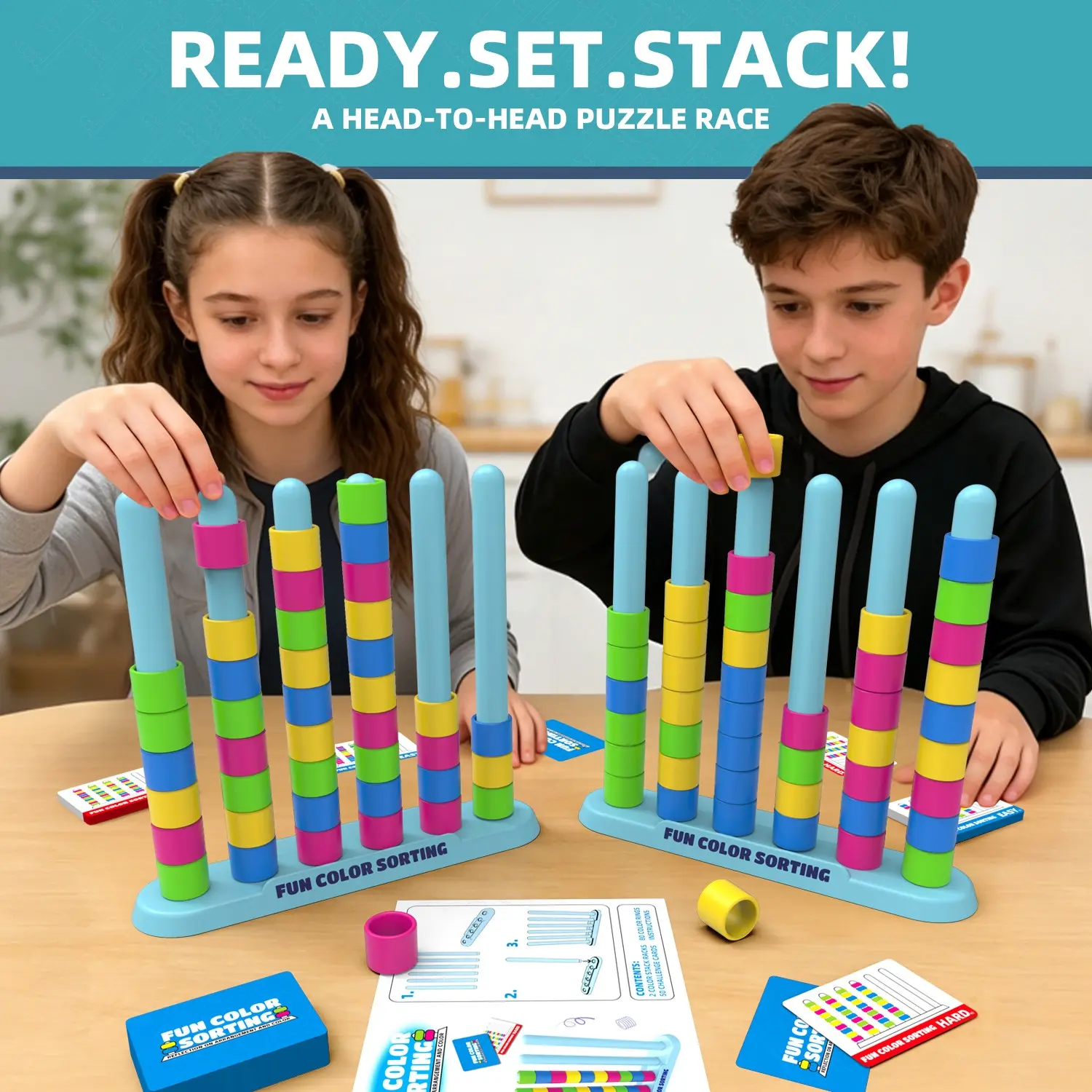 Rainbow Stacking Game Tower Stack Game 2 Sets | 2 Bases + 50 Cards + 80 Rings, Dual-Player Race, Family Fun Game | Hand-Eye, Logic, Reflex & Focus | Eco ABS Smooth Rounded, Large Choking-Safe | Easter Basket, Family Night, Birthday Gift for Ages 8+ Teens