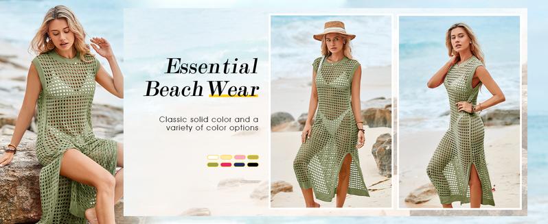 Saodimallsu Womens Crochet Swimsuit Coverup Summer Sleeveless Hollow Out Knit Crewneck Side Split Long Beach Dress