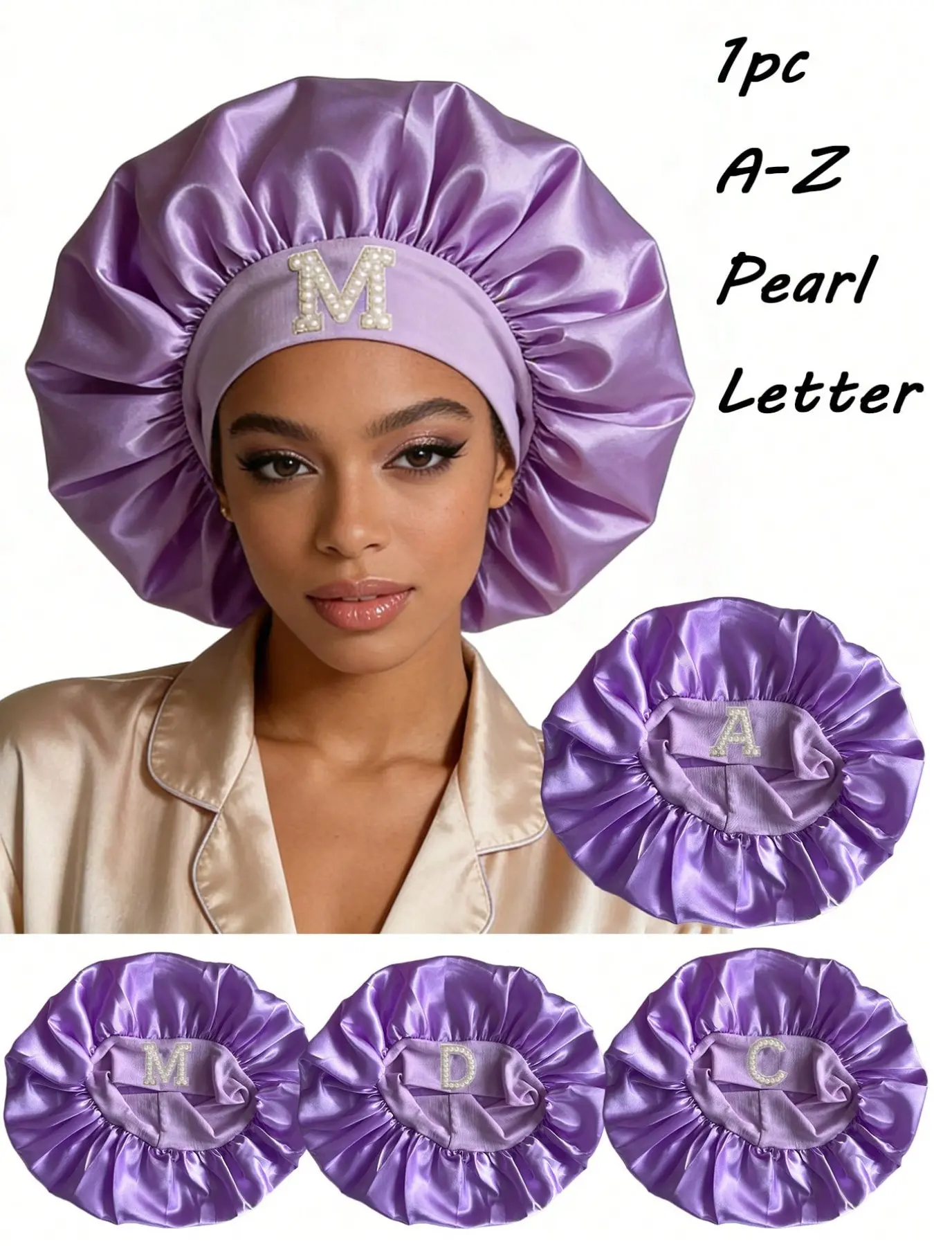 1PC Purple Satin Sleep Bonnet With Custom A-Z Letters, Compact Storable Hair Care Cap, Soft Hair Wrap For Hairstyle Management During Casual Travel, Travel Must-Have And Heartfelt Present