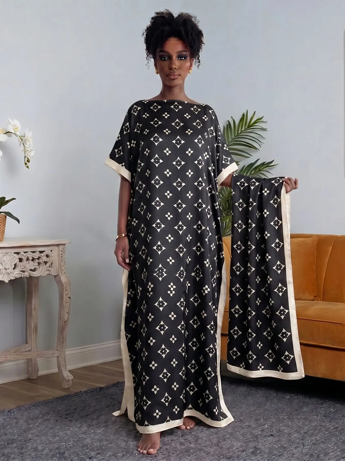 Women's Silk Robe Set, Moo Moo Print Long Dress with Shawl and Headscarf, Beach Sun Protection, Elegant Satin Scarf