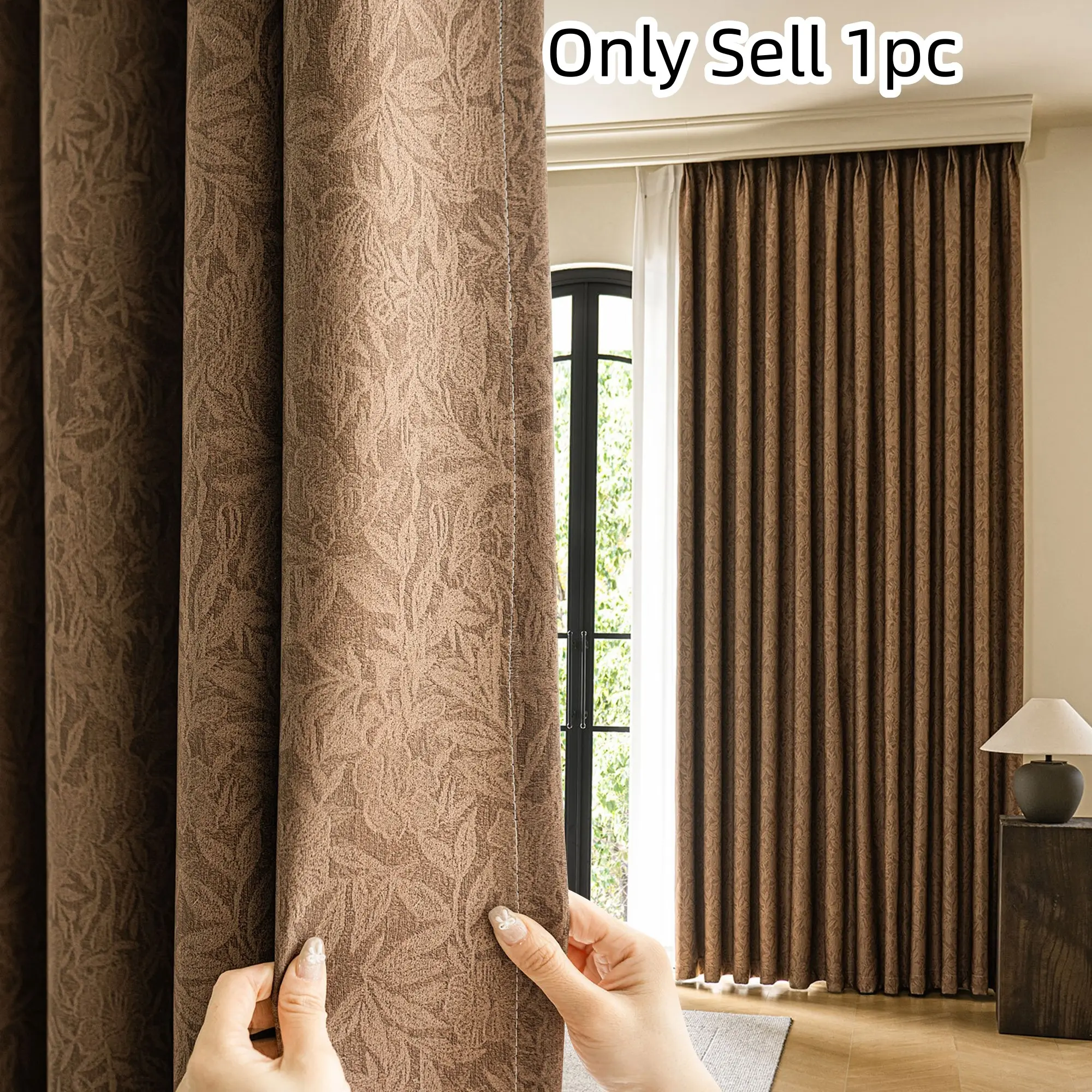 1pc French Vintage Manor Style Curtains, Home Decorative Curtain, Caramel Embossed Floral Pattern, Dual-Sided Color Block, Thick Fabric Heavy Curtain Light Blocking Noise Reduction, Window Drapes, Home Decoration Curtain