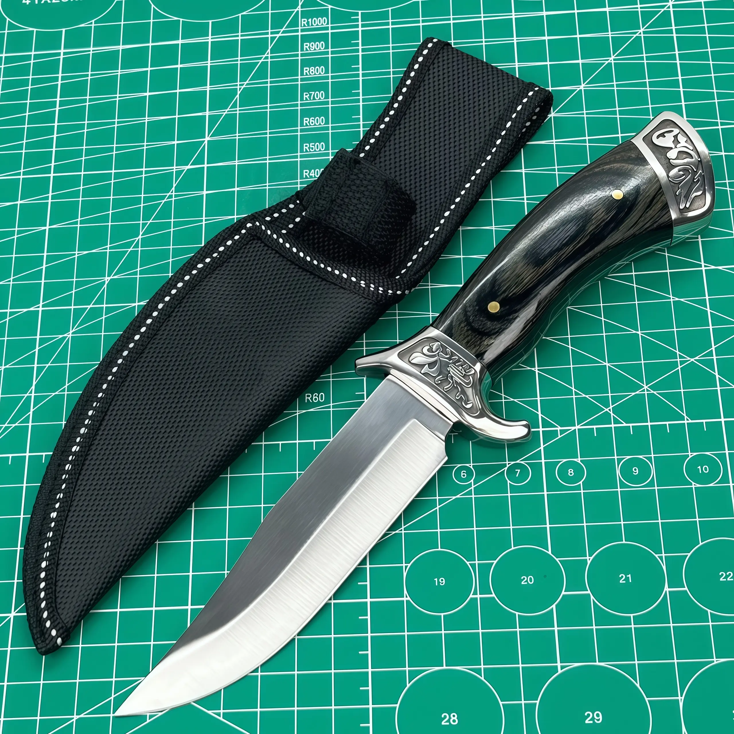 Fixed Blade Outdoor Knife with Engraved Guard & Pommel, 9.48" Full Tang High Hardness Stainless Steel Blade, Ebony Wood Handle, Nylon Sheath, Collector Bushcraft Camping Utility Knife for Men