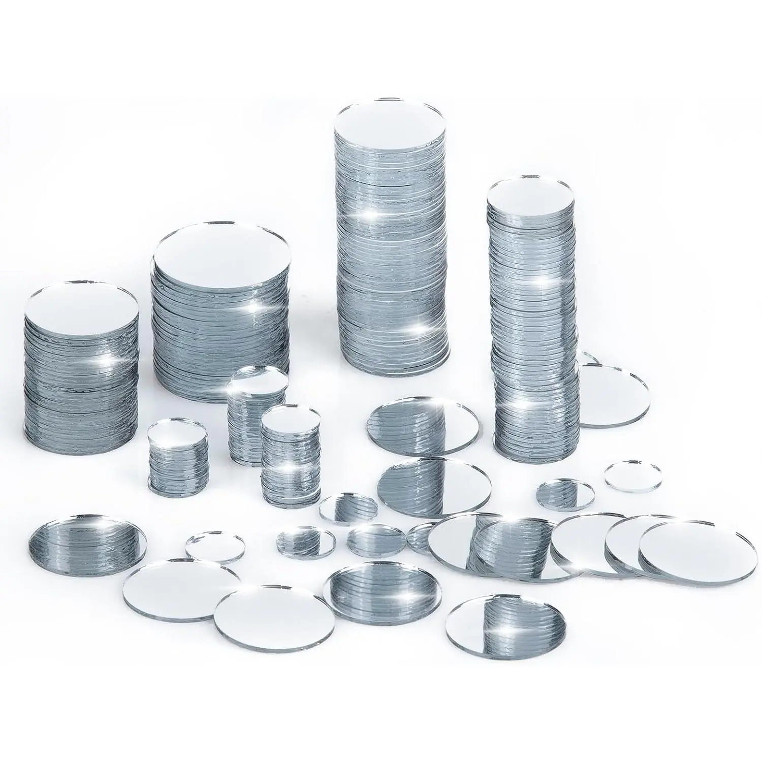 225 Pieces Small Circle Craft Mirror, Mini Mosaic Mirror Tiles Round Decorative Glass Mirror for DIY Crafts, 0.5 Inch, 0.75 Inch, 1 Inch, 1.2 Inch
