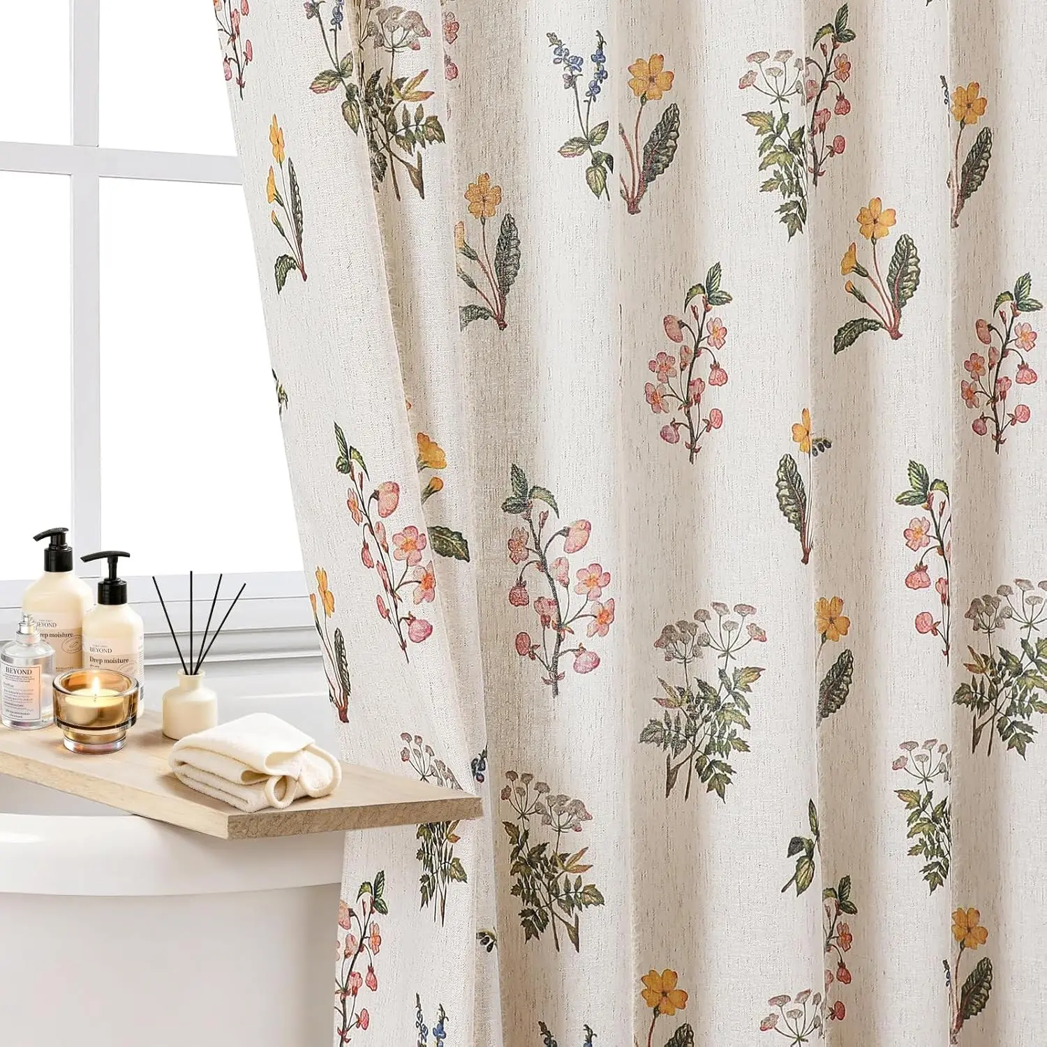 French Country Floral Linen Shower Curtain, 72" W x 72" L | Waterproof Shower Curtain Set with 12 Clear Hooks for Bathroom, Vintage Boho Farmhouse Linen Fabric Bathroom Curtains