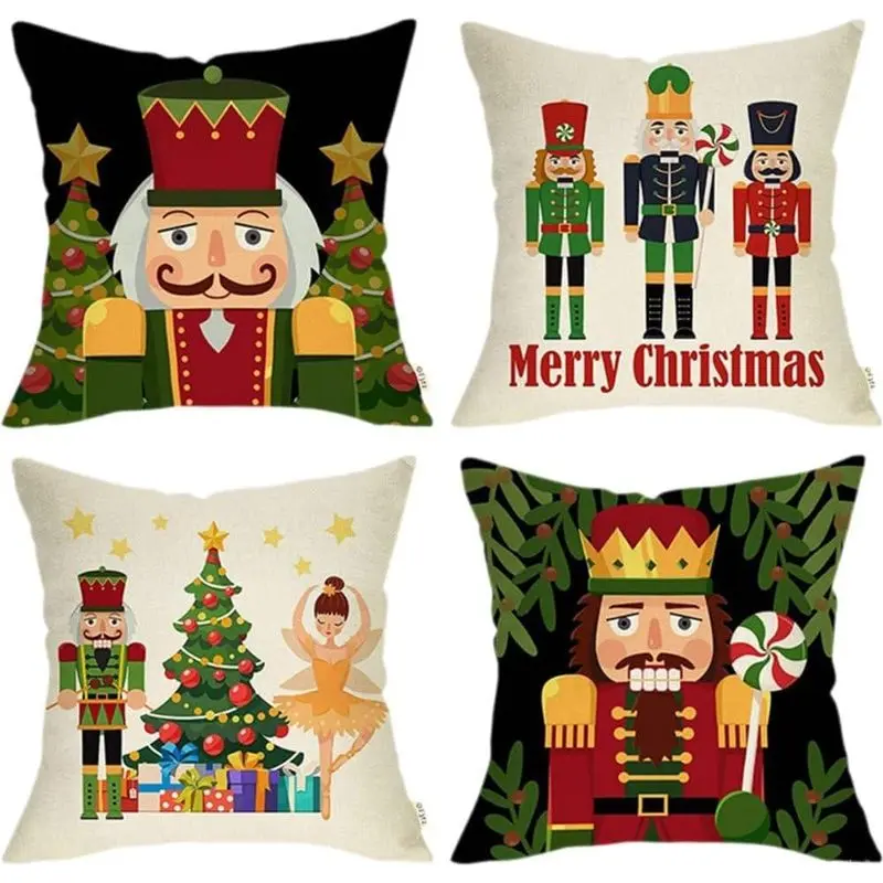 Set of 4 Christmas Pillow Covers, Merry Christmas Nutcracker Decorative Throw Pillow Cases with Christmas Tree, Cartoon Wooden Soldier & Toy Prints, Decor for Porch, Patio, Home & Kitchen