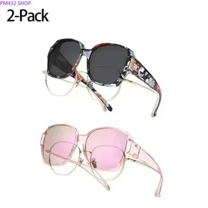 2-Pack Polarized Fit Over Sunglasses for Men & Women, Oversized Geometric Frame UV400 Driving Glasses, Lightweight Anti Glare Eyewear Covers for Prescription Glasses, Outdoor Daily Wear