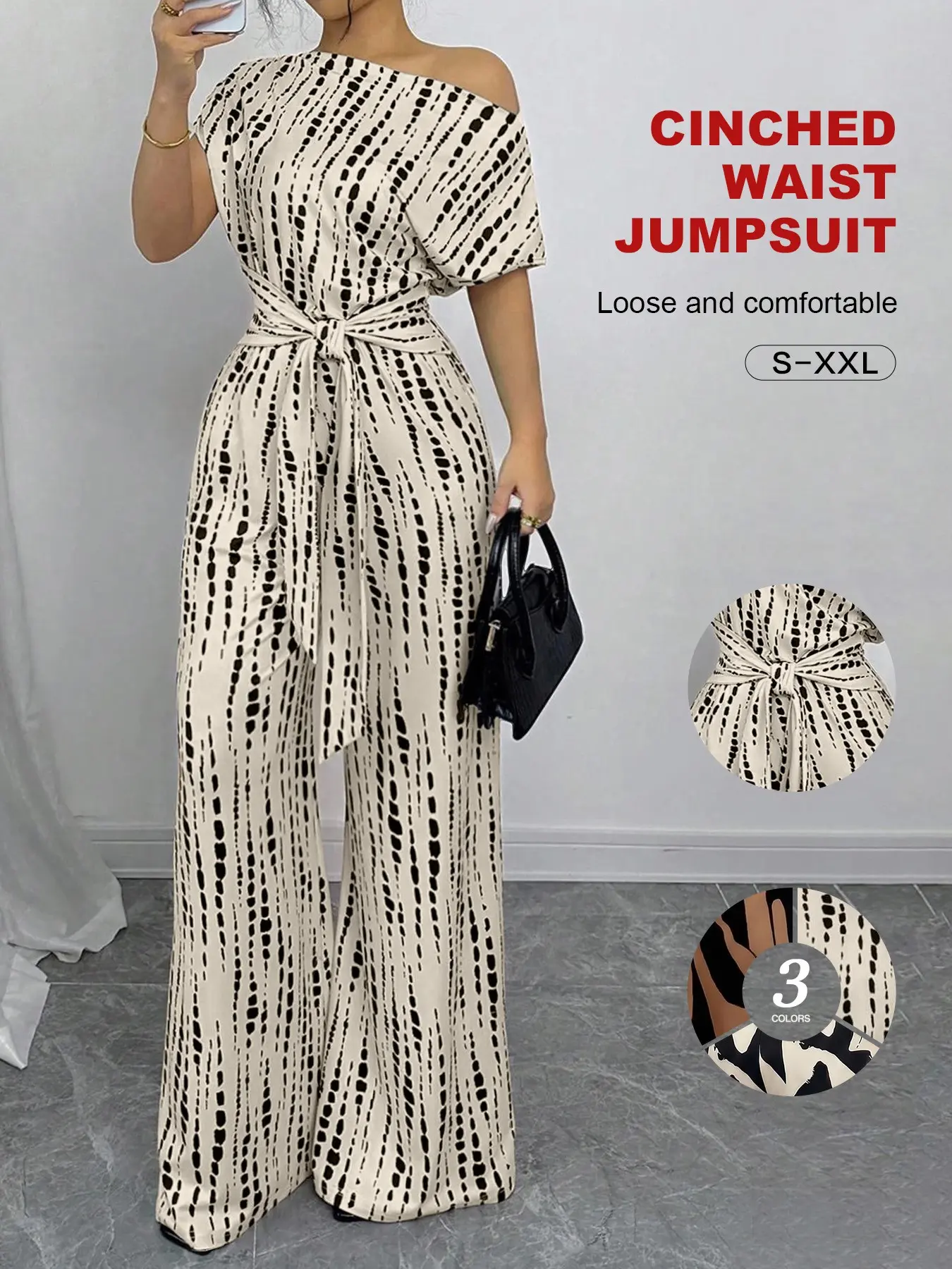 Asymmetrical Off-Shoulder Printed Jumpsuit, Loose Fit, Half Sleeve, Boho Style, Self-Tie Waist Belt, Versatile for All Seasons