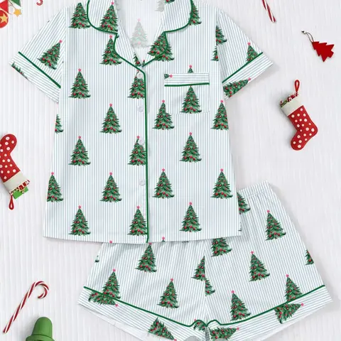[Christmas]Women's Christmas Pajama Set, 2-Piece with Tree Print, Comfortable Short Sleeve Top & Elastic Shorts, Casual Home Wear, Printed Sleepwear Set