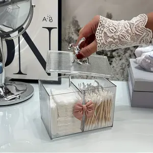 1 Transparent Makeup Storage Box with Rabbit Bow Cover - Elegant Plastic Organizer Box Suitable for Cotton Swabs, Makeup Pads, and Bathroom Decoration, Perfect Holiday Gift and Dressing Table Accessory