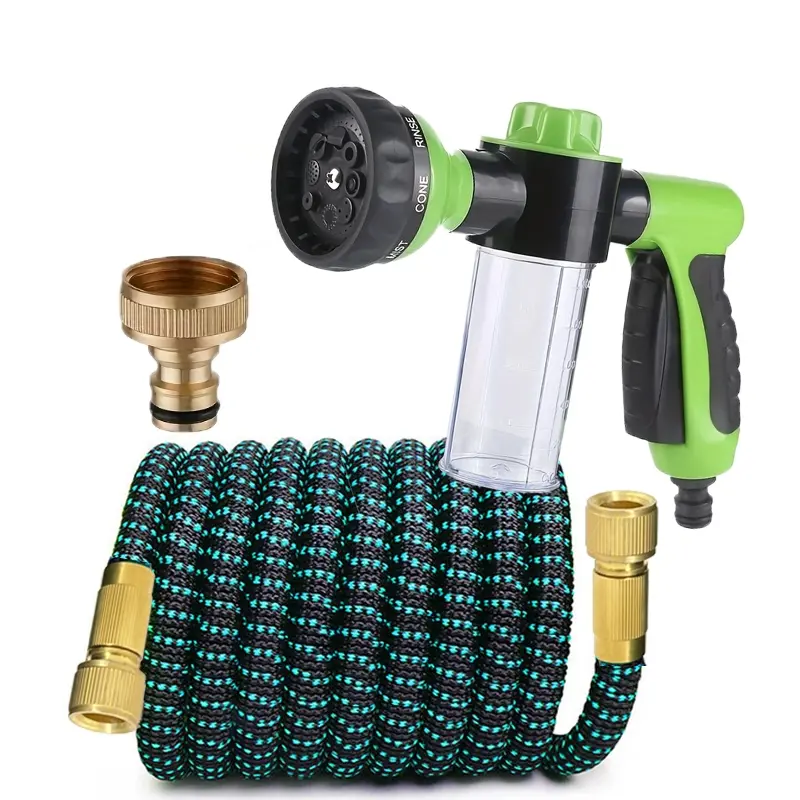 Leakproof Anti-Tangle Expandable Stretch Water Hose Multifunctional Green Foam Sprayer Nozzle Gun Set, Complete Brass Faucet Adapter For Household Car Detailing, Yard & Pet Cleaning