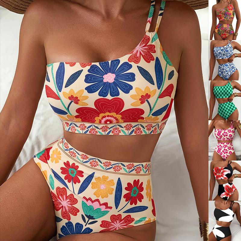 "Floral One-Shoulder Bikini Set - Vibrant High-Waist Swimwear for Summer"