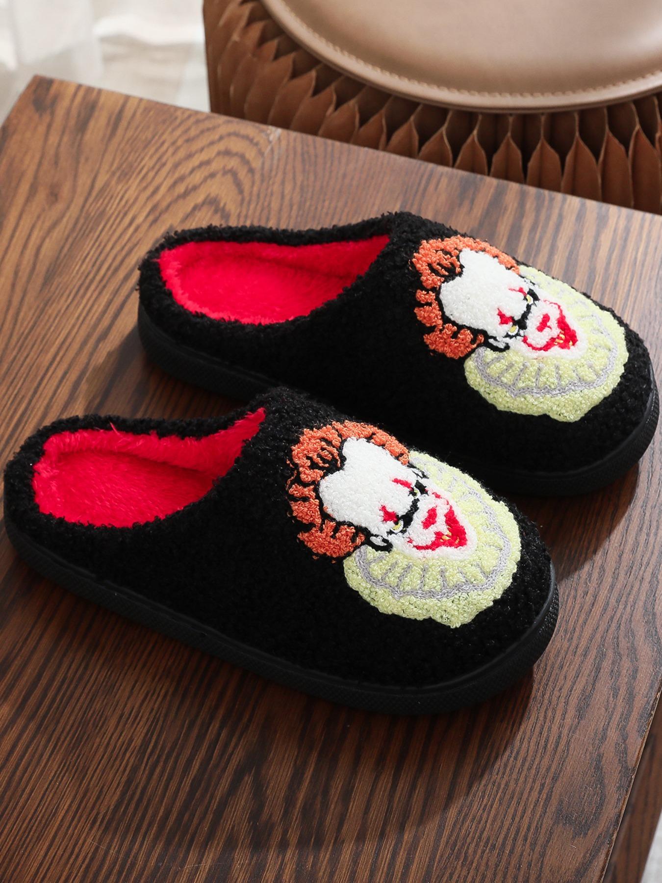 Horror Clown Embroidered Plush Slippers, Soft Comfortable Home Shoes for Men & Women, Perfect Halloween Gift, All Seasons Wear