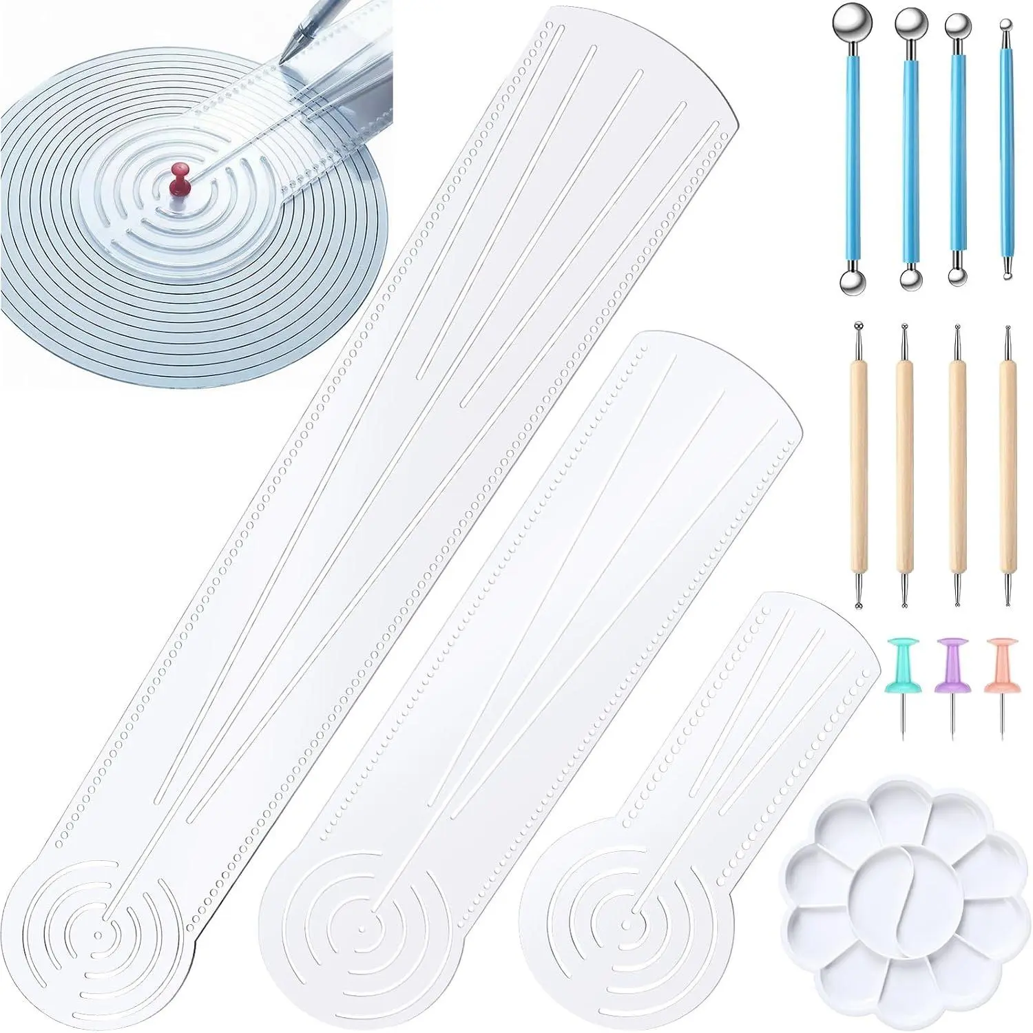 17 count Mandala Dot Painting Tool Kit 3-in-1 Mandala Ruler with Holes 3 Thumb Tacks 10 Ball Stylus Flower   for DIY Rock Painting Clay Modeling Drawing and Drafting