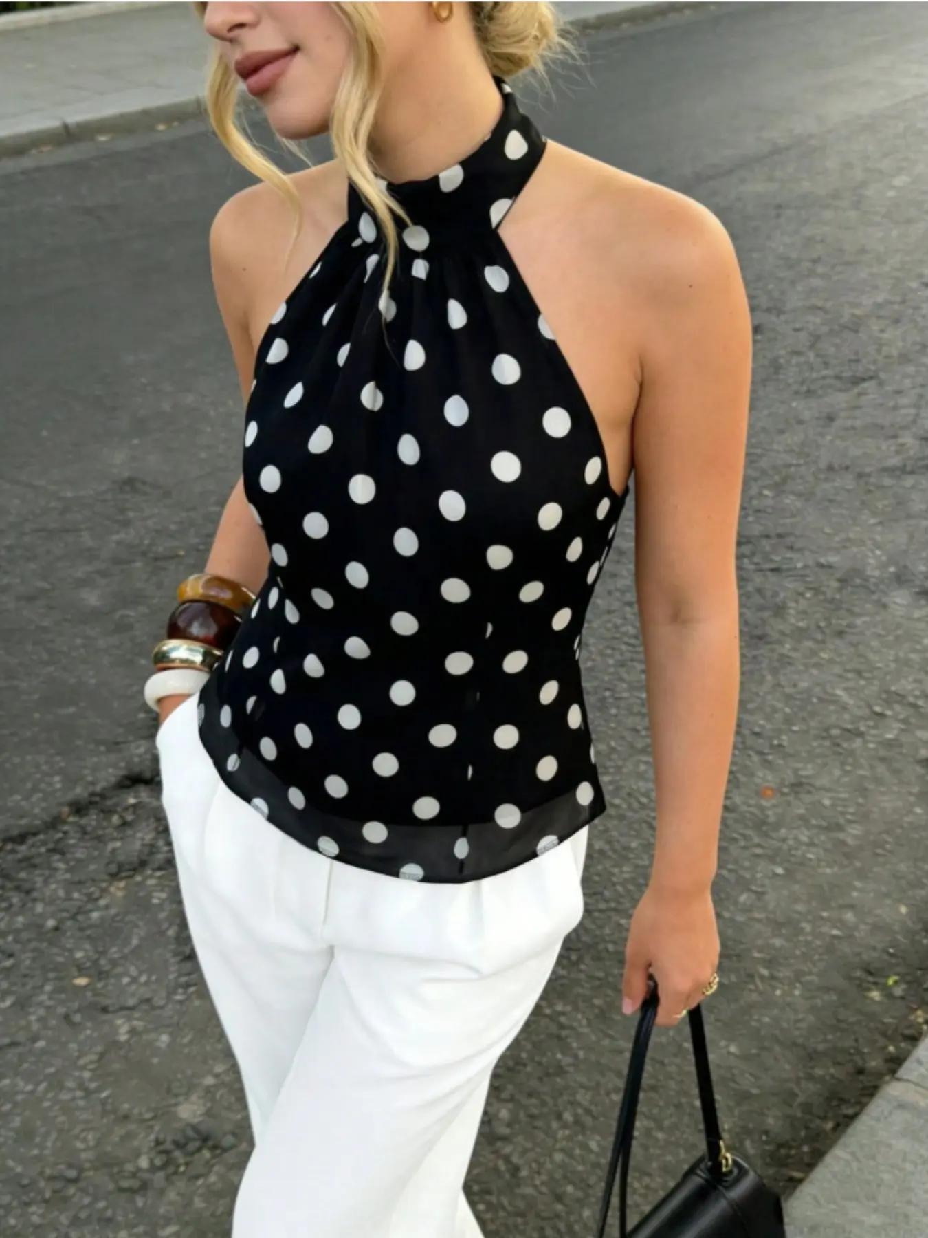 2026 New Women's Backless Halter Top, Cute Polka Dot Print, Tie Bow, Flared Hem, Waist Cinch, Chiffon Fabric, Summer, Chic