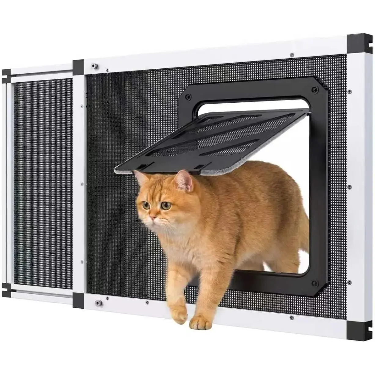 Bug-Proof Screen Cat Door for Window,22"-28.5" Adjustable Width,1-Min Install, Stainless Steel Mesh + Aluminum Frame, Ventilated, Magnetic Closure Sliding Pet Door Window Insert for Cats