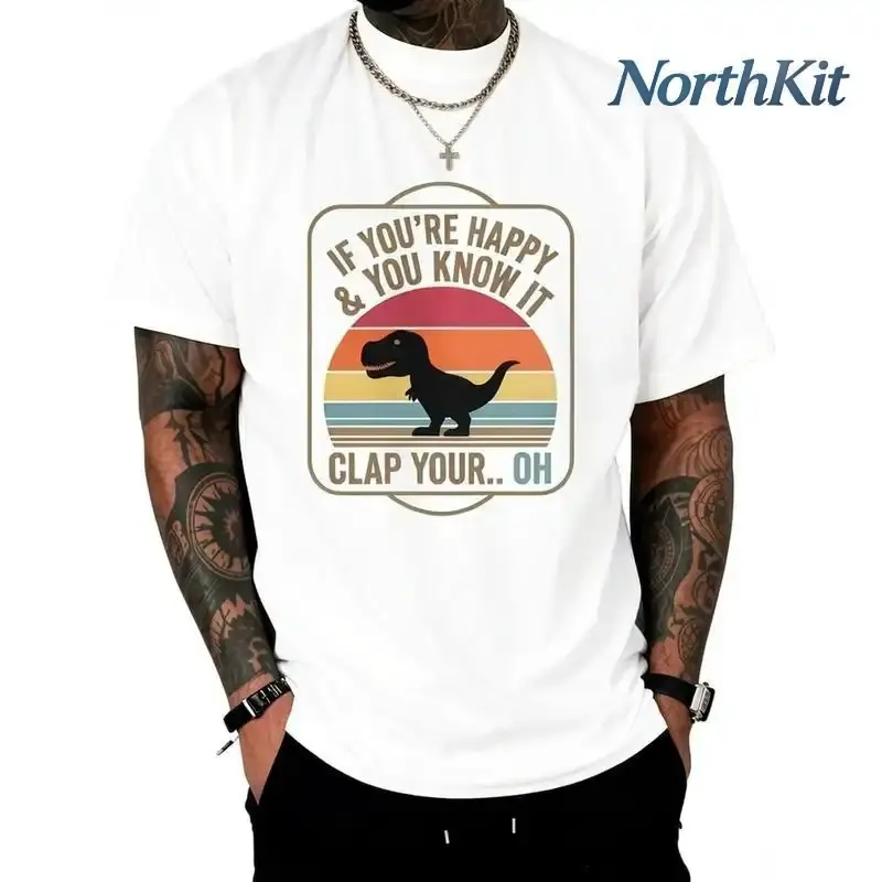 Unisex Vintage Retro Dinosaur T-Rex Graphic Print Short Sleeve Tops, Classic Fit Round Neck Pure Fabric Tee, "If You're Happy and You Know It" Design, Black Sports Top Gifts for Adults, Unisex Sizes, Playful Print, Shortsleeve, Tshirt, Streetwear, Distres