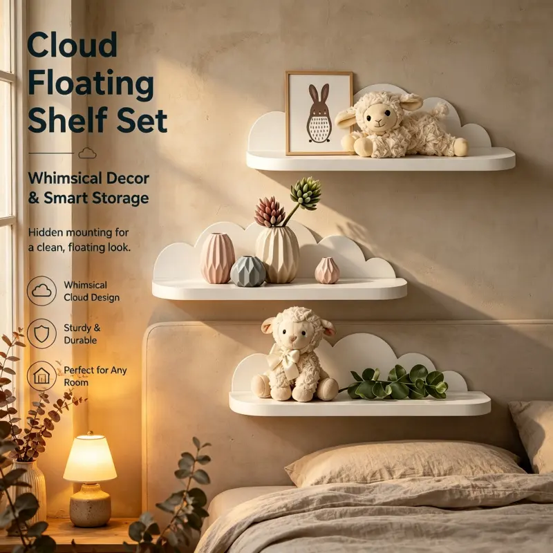 cute cloud floating wall shelves set of 3 hidden mount white cloud display ledge boho bedroom nursery wall decor storage rack for plush toys plants photo frames Wall Mounted Organizer