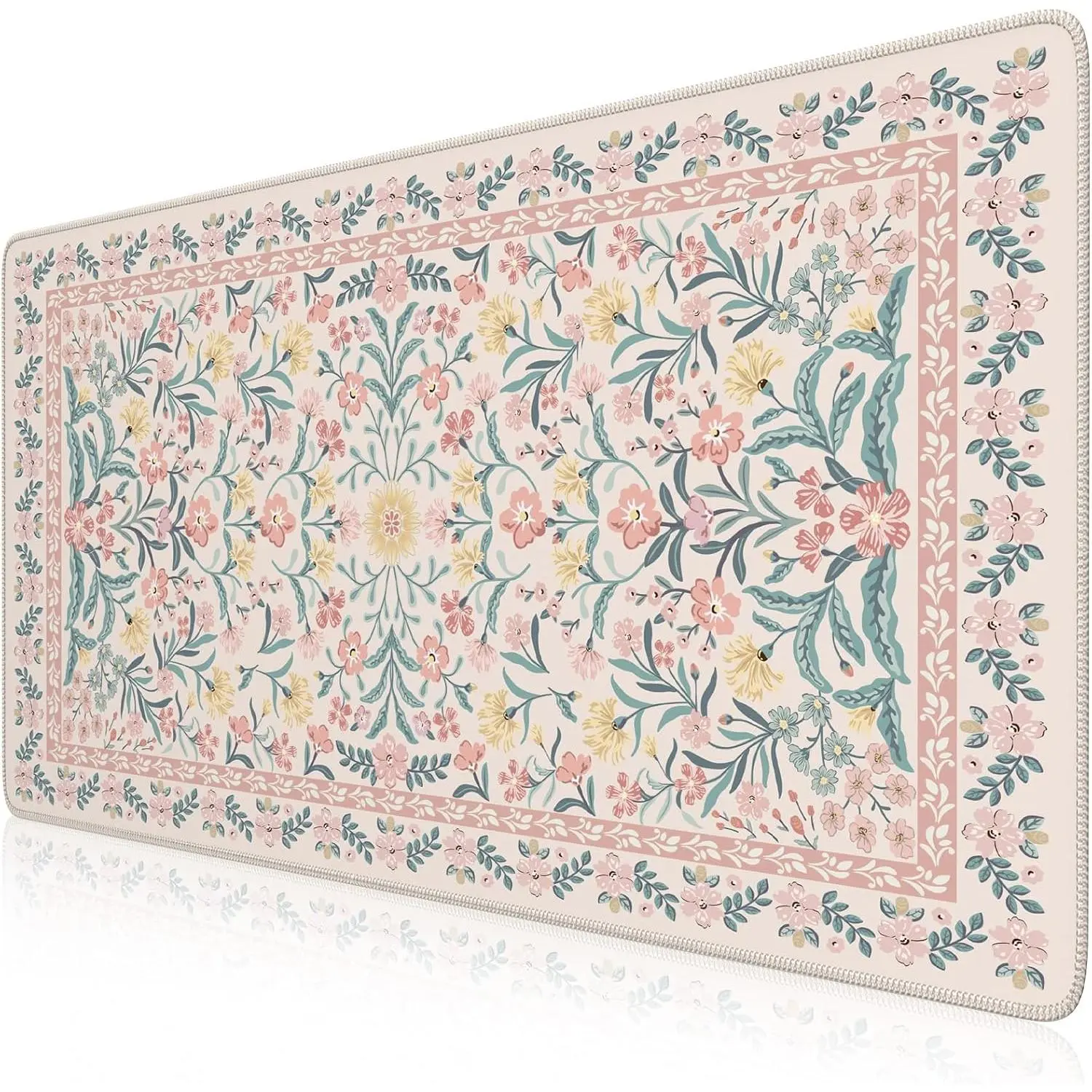 Pink Floral Lycra Desk Mat - 35.4 x 15.7 XXL Anti-Slip Mouse Pad with Stitched Edges, Gaming Mouse Compatible, Cute Office Desk Accessory for Women, Ideal for Dorms & Desktop Decor