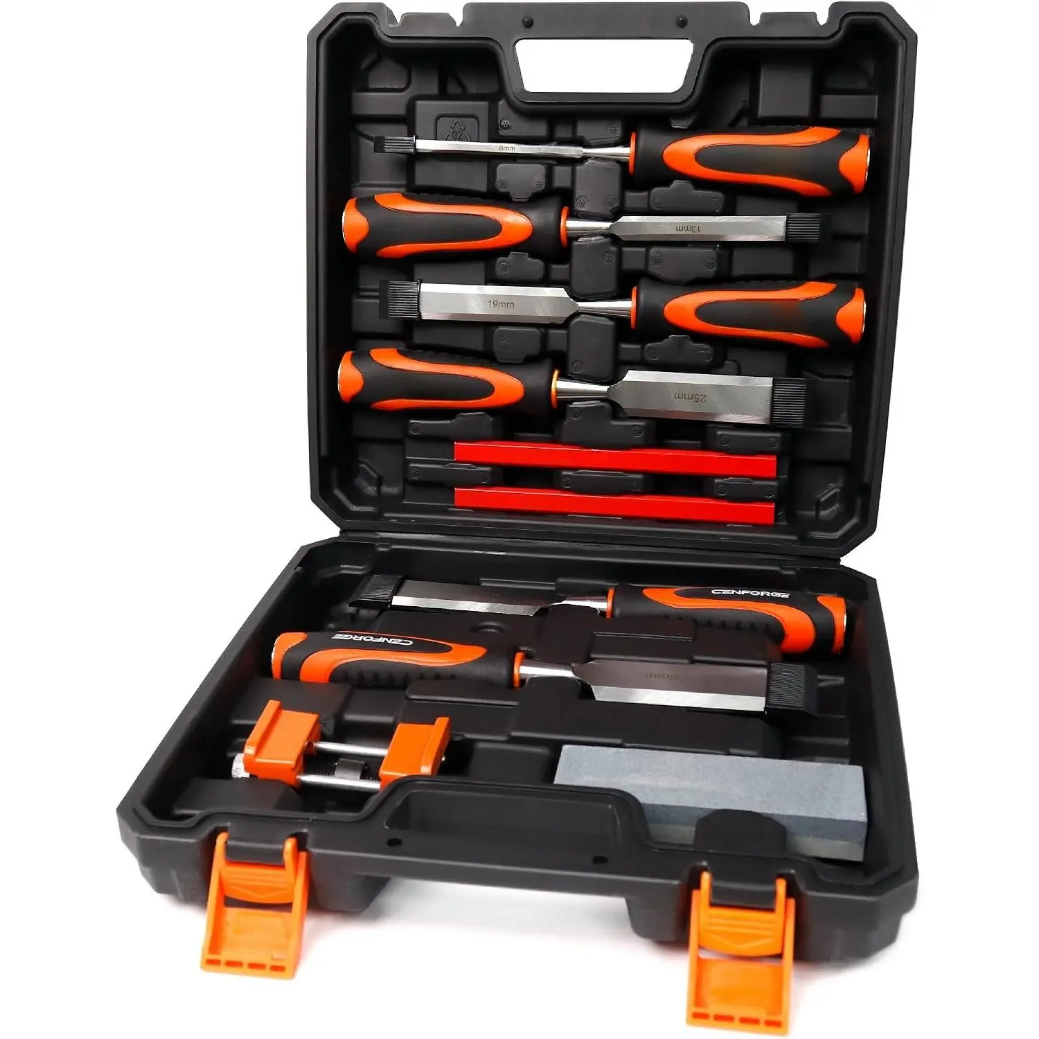 10-Piece Cr-V Steel Beveled Edge Woodworking Chisel Set (1/4"-1-1/2" in) with Honing Guide, Sharpening Stone, Case - Heavy-Duty Woodcarving Tools for Carpenters, Ideal for Hardwood & Softwood
