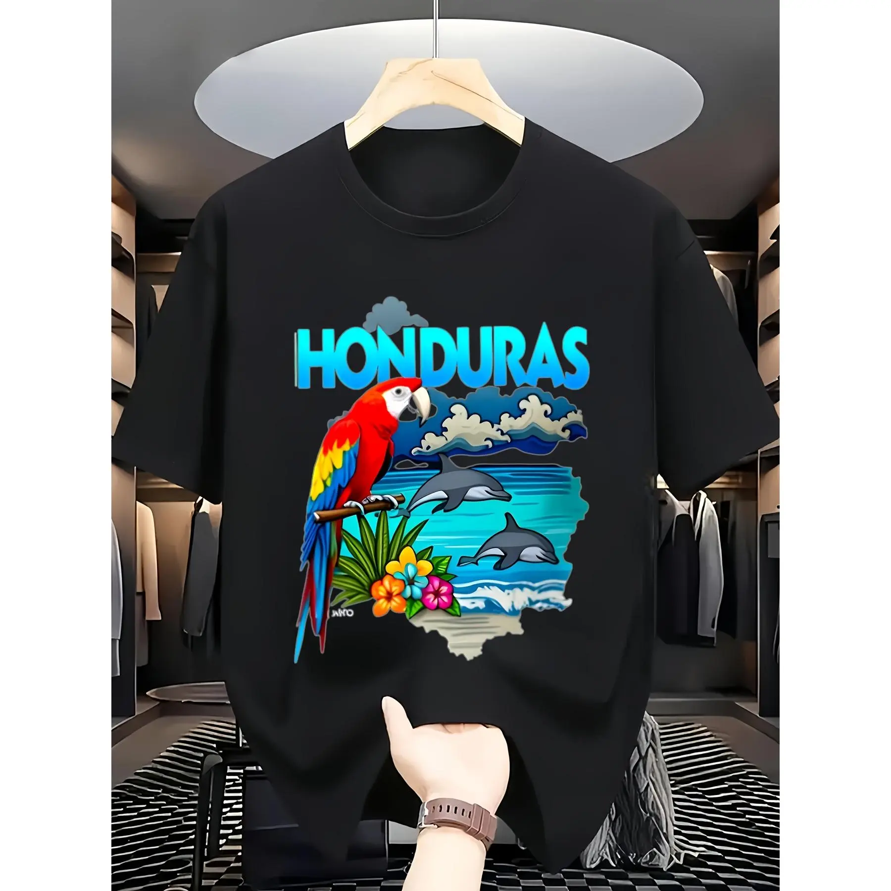 Men'S Honduras Tropical Print T-Shirt Heavyweight Sm Crewneck Tee with Toucan Dolphin Flag Design Retro Honduras-Themed Casual Vacation Shirt for Beach Travel Year-Round Wear Gift for Same Style for M Great Prices Perfect Gifts